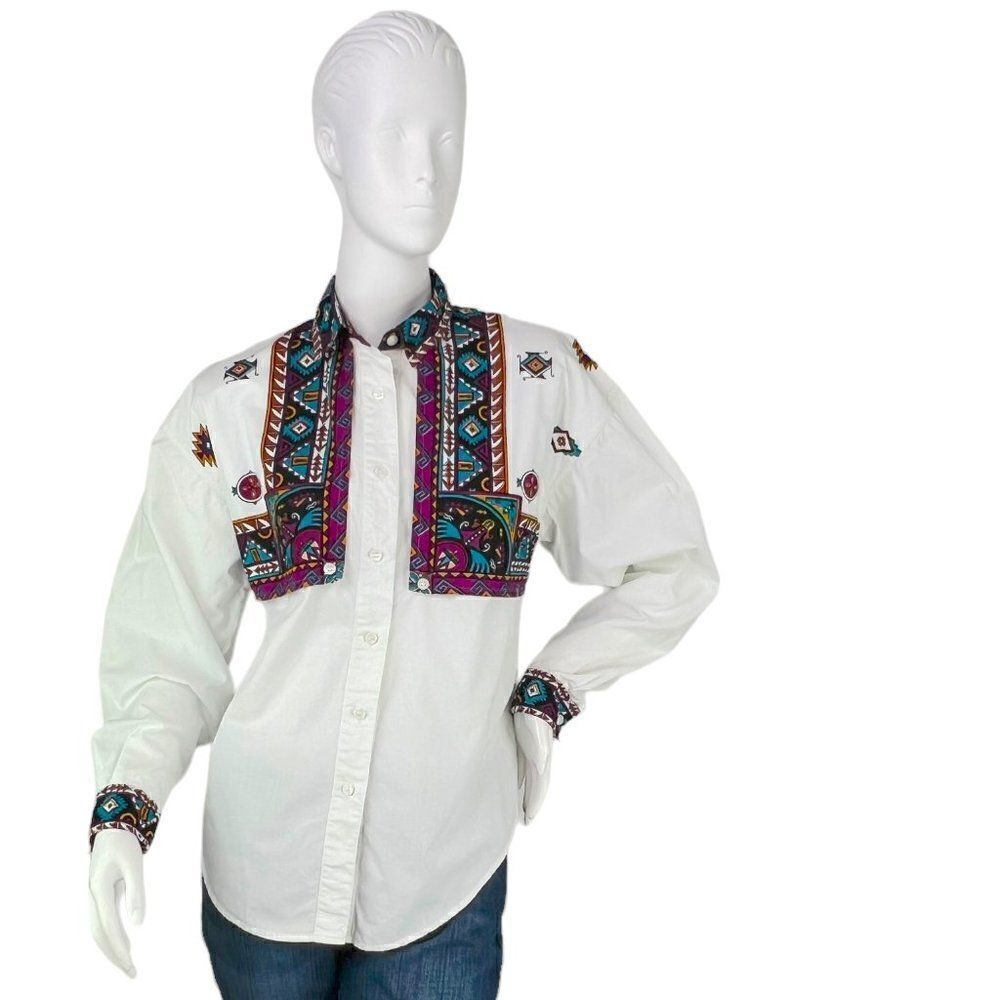 Adobe Rose Vintage 1990's White Western Shirt Blouse Aztec Print Size Small
